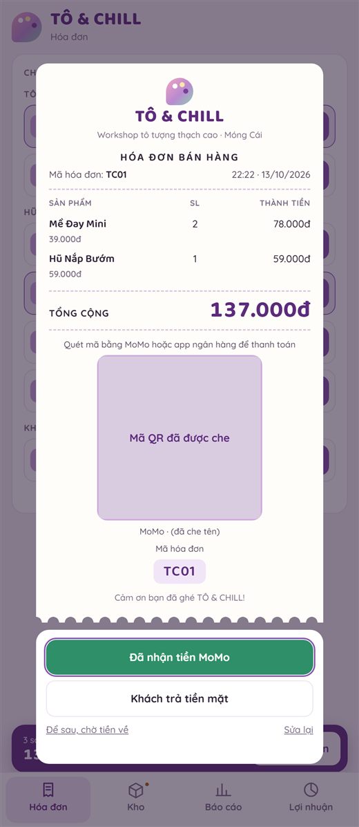 Hóa đơn bán hàng trong app Sổ quỹ TÔ&CHILL, mã QR đã được che